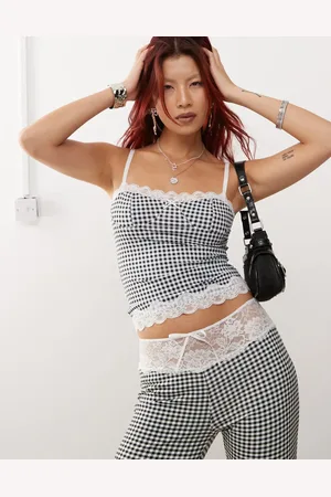 Lioness Monokrom korsettop med cami-stropper, blondedetaljer og gingham-tern - Del af sæt-Multifarvet