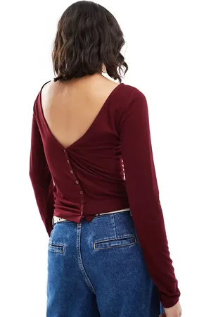 ASOS Langærmet bordeauxrød top med bred halsudskæring og knapdetaljer
