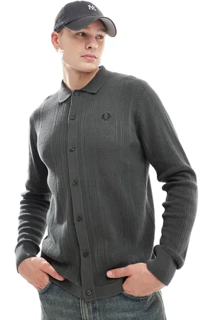 Fred Perry Mørkegrøn strikket skjorte med pointelle-paneler og lange ærmer