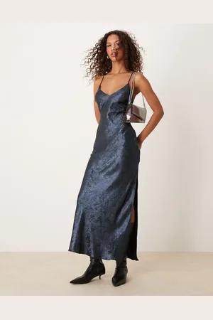 Miss Selfridge Metallisk blå maxikjole med tynde stropper