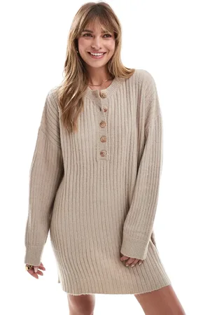 Miss Selfridge Beige minikjole i strik i henley-stil med knapdetalje-Neutral