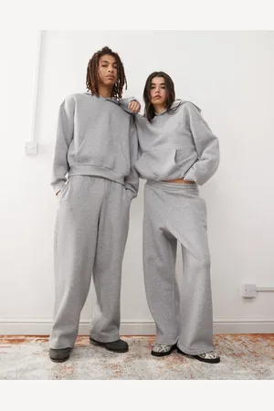 Reclaimed Unisex - Gråmelerede joggingbukser med brede ben i kraftigt stof - Del af sæt
