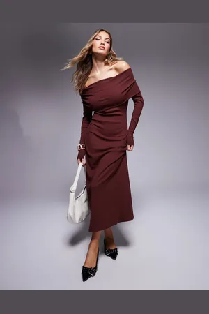 ASOS Bardot-midikjole med lange ærmer i ribstrik-Rød
