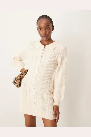 Miss Selfridge Cremehvid minikjole med halv lynlås i kabelstrik