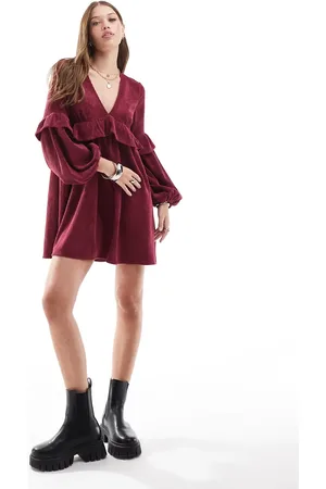 ASOS Smock-minikjole med flæsedetaljer i fløjl-Lyserød