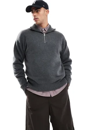 JACK & JONES Mørkegrå trøje med halv lynlås i vamset strik