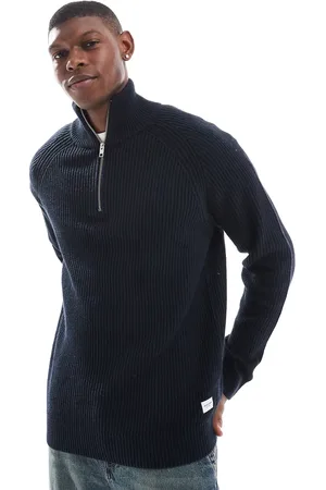 JACK & JONES Marineblå og ribstrikket sømandstrøje med kvart lynlås