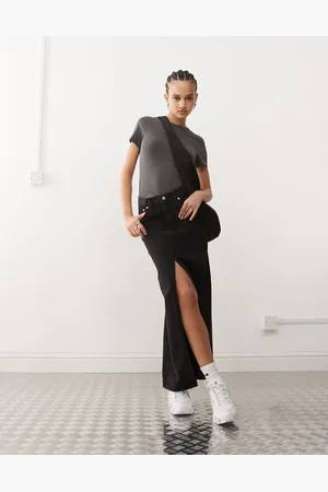 Dr Denim Myra - Sort maxinederdel i denim med frontslids og slidt finish