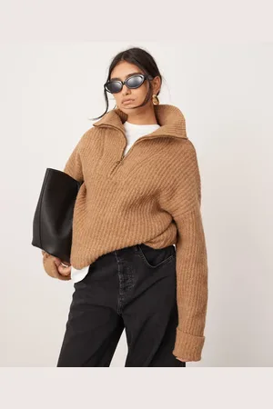 ASOS Kamelfarvet og ribstrikket trøje med halv lynlås-Grøn