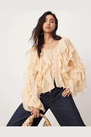ASOS Ultimate - bluse med flæser og rå kanter-Brun