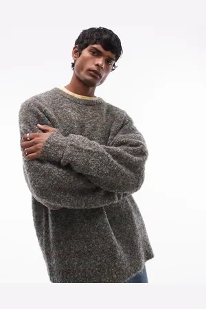 Topman Grøn- og brunmeleret trøje i bouclé