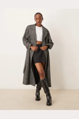 Miss Selfridge Sort/hvid trenchcoat med bælte og sildebensmønster-Multifarvet