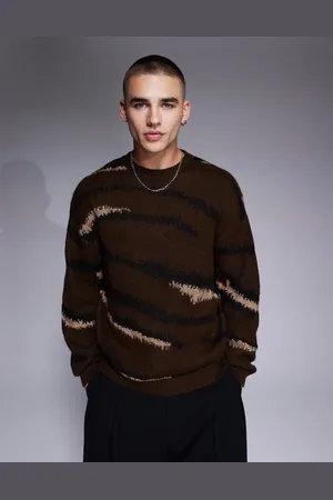 ASOS Afslappet trøje med rund hals og dyremønster i børstet strik-Neutral