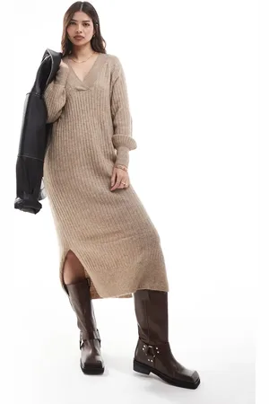 VERO MODA Oversized og beige-meleret sweaterkjole i blød ribstrik-Neutral