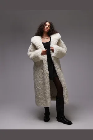 Topshop Cremefarvet og lang duffelcoat i imiteret pels med hætte-Brun