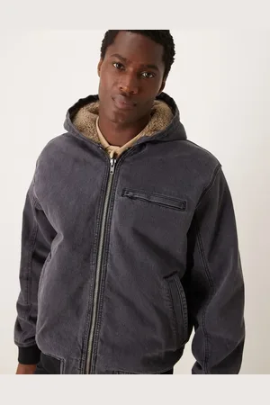 Abercrombie & Fitch Workwear - bomber-jakke med fleece-for og adresseprint på ryggen i denim