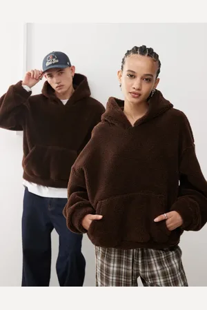 Reclaimed Unisex - Chokoladebrun hættetrøje i imiteret lammeskind