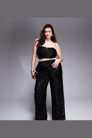 ASOS ASOS DESIGN Curve - Sorte bukser med vide ben og pailletter - Del af sæt