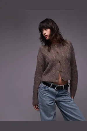 Topshop Premium - Lys beige kabelstrikket cardigan i kashmir-Neutral
