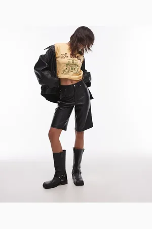 Topshop Sorte shorts i imiteret læder i akavet længde-Black