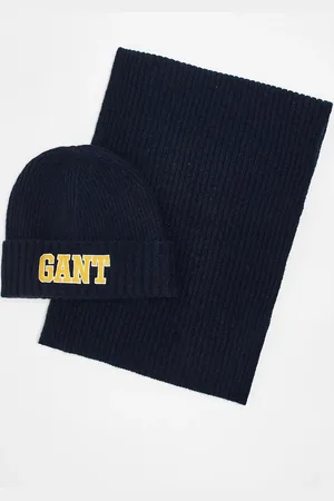 GANT 1949 - Marineblåt gavesæt med halstørklæde og hue i strik med logo