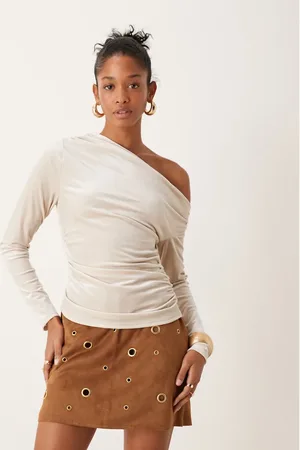 Abercrombie & Fitch Cremefarvet og langærmet offshoulder-top i velour-Hvid