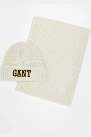 GANT 1949 - Cremefarvet gavesæt med hue og halstørklæde i strik med logo-Hvid