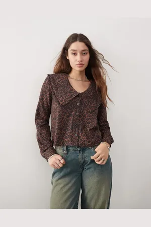 Daisy Street Firkantet bluse med overdreven krave og leopardprint-Multifarvet