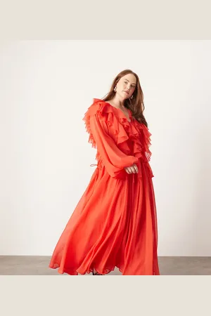 ASOS Curve - maxikjole med rå kanter, flæser og løbesnor i taljen i chiffon-Multifarvet