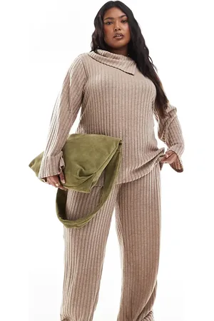 VERO MODA Beige bukser med vide ben i ribstrikket jersey - Del af sæt-Neutral