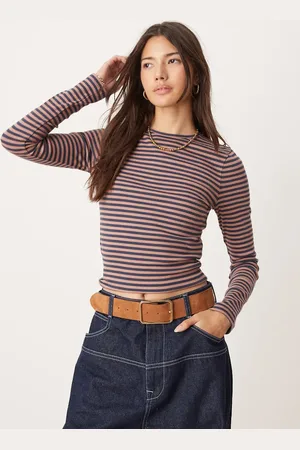 Miss Selfridge Ribstrikket top med rund hals, lange ærmer og striber-Multifarvet