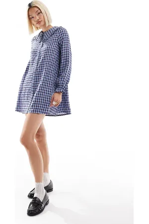 Daisy Street Smock-shiftkjole med gingham-tern og flæsekrave-Blå