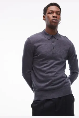 AllSaints Mode Merino - Blå poloskjorte med lange ærmer