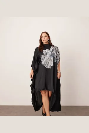 ASOS Curve - midikjole med høj hals, asymmetrisk kant og oversized, broderet blomstermønster