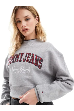 Tommy Hilfiger Grå cropped sweatshirt med høj hals og college-print