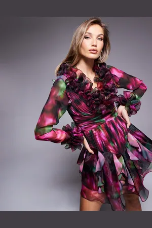 ASOS Langærmet minikjole med store flæser og slørret blomstermønster i organza