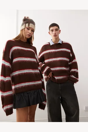 COLLUSION Unisex - Børstet og oversized striktrøje med rund hals og striber-Gul