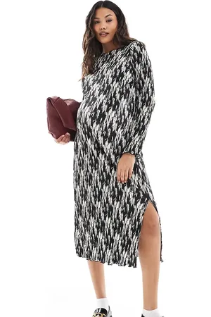 Mama;licious Mamalicious Maternity - Sort og hvid midikjole med slids i siden, plisseringer og prikker