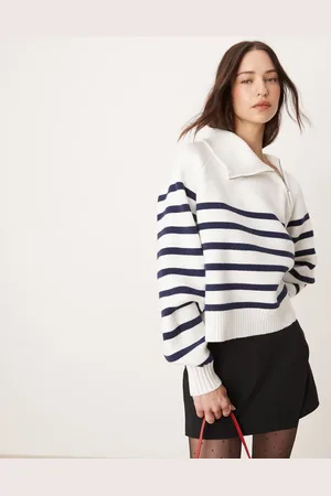 Pimkie Oversized trøje med krave med asymmetrisk lynlås og hvide og marineblå striber