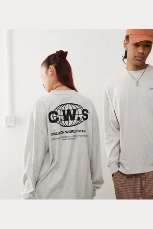 COLLUSION Unisex - Gråmeleret T-shirt med lange ærmer og grafisk print