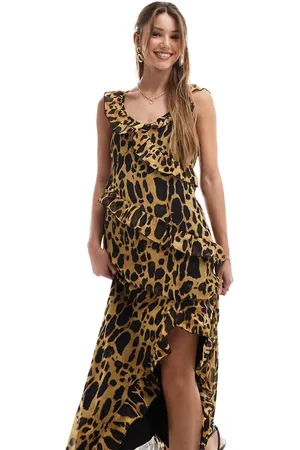 VERO MODA Neutral maxikjole med flæsekant og leopardprint i chiffon-Multifarvet