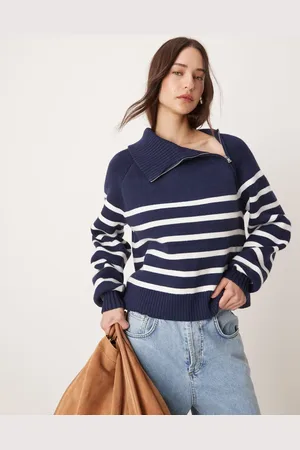 Pimkie Marineblå oversized trøje med hvide striber og asymmetrisk lynlåskrave
