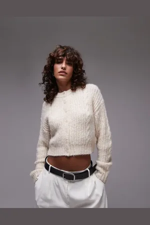 Topshop Cropped cremehvid cardigan i blød kabelstrik