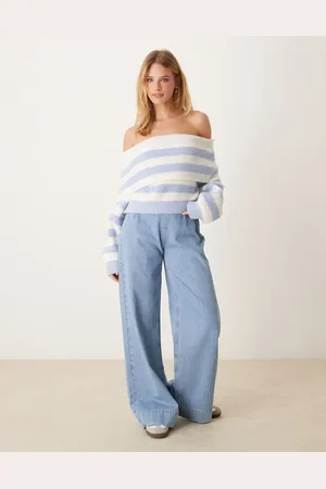 Miss Selfridge Strikket bardot-trøje med pastelblå striber-Multifarvet