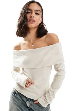 Brave Soul Cremehvid ribstrikket offshoulder-trøje