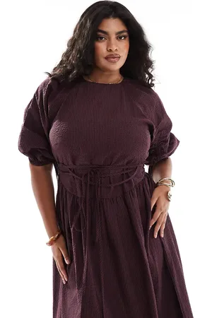 ASOS ASOS DESIGN Curve - Bordeauxrød midikjole med bindebånd i taljen og ternet print-Multifarvet