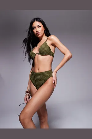 ASOS Lizzie - Kakigrønne bikinitrusser med høj talje og høj benskæring i bæk-og-bølge-stof