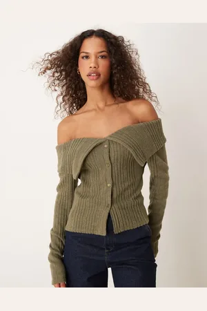 Miss Selfridge Kakigrøn bardot cardigan i blød børstet ribstrik-Brun