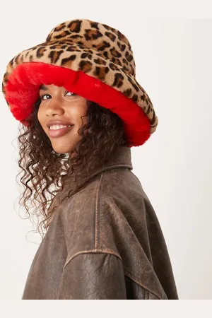 My Accessories Oversized bøllehat i imiteret pels med leopardprint og rød kant-Multifarvet