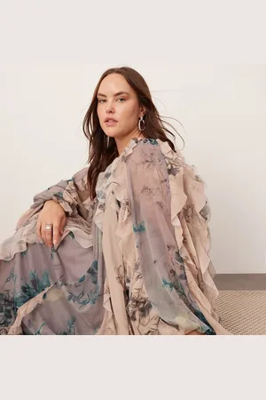 ASOS Curve - Maxikjole med rå kanter, flæser, ballonærmer og blandet blomstermønster i chiffon-Multifarvet